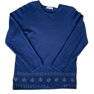 Vtg Christina Navy Polka Dot Floral Beaded Wool Sweater Grandmacore Womens Sz M